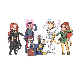 2boys absurdres belt bodysuit brown_hair chibi closed_eyes cyclops_(x-men) dark_skin dress emma_frost facial_hair gloves highres jean_grey long_hair marvel mask multiple_boys muscular padawan_carol phoenix_(x-men) psychic psylocke redhead revealing_clothes sash scott_summers short_hair storm_(x-men) superhero_costume wolverine_(x-men) x-men 