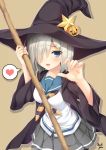 1girl :d artist_name blue_eyes blush commentary_request cowboy_shot grey_skirt hair_ornament hair_over_one_eye hairclip halloween_costume hamakaze_(kantai_collection) hat heart highres jacket kantai_collection looking_at_viewer moeki_yuuta open_clothes open_jacket open_mouth pleated_skirt pumpkin rod school_uniform serafuku short_hair silver_hair simple_background skirt smile solo spoken_heart standing star witch_hat yellow_background 