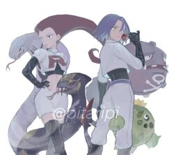  1boy 1girl arbok black_gloves boots cacnea cowboy_shot crop_top earrings elbow_gloves flower gloves hair_between_eyes hair_slicked_back hand_on_own_hip holding holding_flower james_(pokemon) jessie_(pokemon) jewelry koffing pants pearl_earrings pitari pokemon pokemon_(creature) purple_hair redhead seviper shirt short_hair simple_background skirt snake thigh_boots tongue tongue_out twitter_username white_background white_pants white_shirt white_skirt 