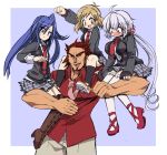  1boy 3girls ahoge blue_hair blush blush_stickers breasts brown_hair dress_shirt hair_between_eyes kazanari_genjuurou kazanari_tsubasa kouji_(kari) large_breasts long_hair multiple_girls necktie piggyback purple_hair school_uniform senki_zesshou_symphogear shirt short_hair tachibana_hibiki_(symphogear) thigh-highs very_long_hair wavy_mouth white_legwear yukine_chris 