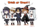  5girls :d ^_^ akatsuki_(kantai_collection) animal_ears badge black_legwear black_skirt brown_hair closed_eyes closed_mouth commentary_request demon_tail devil_horns fang female_admiral_(kantai_collection) flat_cap folded_ponytail halloween halloween_costume hat hibiki_(kantai_collection) ikazuchi_(kantai_collection) inazuma_(kantai_collection) kantai_collection kneehighs long_hair migu_(migmig) multiple_girls one_eye_closed open_mouth pleated_skirt ponytail purple_hair school_uniform serafuku short_hair silver_hair skirt smile tail trick_or_treat twitter_username witch_hat 