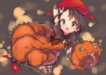  1girl artist_request black_hair gloves halloween hat idolmaster idolmaster_cinderella_girls open_mouth pumpkin sasaki_chie short_hair smile solo thigh-highs 