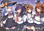  4girls ;d akatsuki_(kantai_collection) alternate_headwear animal_hood aruka_(alka_p1) badge black_legwear blue_eyes brown_eyes cat_hood commentary_request fangs hair_ornament hairclip halloween hat hibiki_(kantai_collection) hood ikazuchi_(kantai_collection) inazuma_(kantai_collection) kantai_collection kneehighs long_hair long_sleeves mini_top_hat multiple_girls neckerchief one_eye_closed open_mouth pantyhose pleated_skirt purple_hair school_uniform serafuku short_hair silver_hair skirt smile thigh-highs top_hat verniy_(kantai_collection) witch_hat 