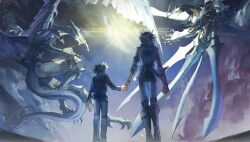  1boy 2boys aged_down aged_up bad_link belt belt_pouch black_hair black_shirt blue_eyes blue_jacket brown_belt brown_footwear brown_gloves card clouds cloudy_sky dappled_sunlight denim dragon duel_monster elbow_gloves elbow_pads evening facial_mark facing_away facing_to_the_side flying fudo_yusei gloves highres holding holding_card holding_hands jacket jeans knee_pads male_focus mecha mechanical_arms mechanical_legs mechanical_wings momentcorefly multiple_boys open_clothes open_jacket outdoors pants popped_collar pouch robot shirt shooting_quasar_dragon shoulder_pads sky sleeveless sleeveless_shirt source_request spiky_hair stardust_dragon sunlight walking_away wings yu-gi-oh! yu-gi-oh!_5d's 