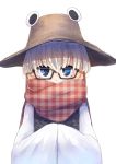  1girl bespectacled blonde_hair blue_eyes checkered_scarf covered_mouth floral_print glasses hands_together highres long_sleeves looking_at_viewer mankun moriya_suwako purple_vest pyonta scarf shiny shiny_clothes shiny_hair shirt simple_background solo touhou unmoving_pattern upper_body white_background white_shirt wide_sleeves 