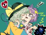  2girls blush closed_eyes green_hair hairband hat hat_ribbon heart incest komaku_juushoku komeiji_koishi komeiji_satori multiple_girls pocky pocky_day pocky_kiss poison purple_hair ribbon shared_food short_hair siblings sisters skull_and_crossbones third_eye touhou violet_eyes yuri 