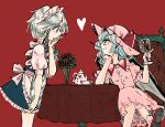  2girls bat_wings blue_eyes blue_hair braid cup drinking_glass elbow_rest fingernails flower hat heart izayoi_sakuya komaku_juushoku long_fingernails maid maid_headdress multiple_girls pocky pocky_day pocky_kiss red_eyes remilia_scarlet rose shared_food short_hair silver_hair sitting smile table teapot touhou twin_braids wine_glass wings yuri 