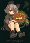  1girl :3 alternate_costume animal_ears basket bishamonten&#039;s_pagoda capelet grey_hair halloween halloween_costume happy_halloween iris_anemone jack-o&#039;-lantern mouse mouse_ears mouse_tail nazrin red_eyes shirt shorts silver_hair solo tail touhou 