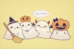  ayu_(mog) bat_wings brown_background crying ghost_costume halloween halloween_costume happy_halloween hat horns jack-o&#039;-lantern open_mouth original pumpkin_hat simple_background smile wavy_mouth wings witch_hat 