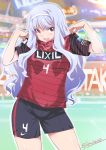  1girl adjusting_clothes blush breasts idolmaster inoue_sora large_breasts long_hair looking_at_viewer open_mouth red_eyes shijou_takane silver_hair smile soccer_uniform solo sportswear twitter_username 
