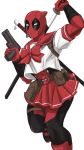  1boy crossdressinging deadpool finger_on_trigger gun handgun hello_kitty highres holster keychain kotone_a male_focus marvel miniskirt pistol pleated_skirt pouch puckered_lips school_uniform serafuku skirt solo superhero sword weapon 