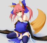  1girl animal_ears bare_shoulders basa_rutan blue_legwear blush bow breasts caster_(fate/extra) cleavage detached_sleeves fate/extra fate_(series) fox_ears fox_tail hair_bow hair_ribbon heart japanese_clothes long_hair pink_hair ribbon sitting solo tail thigh-highs tongue tongue_out twintails wariza yellow_eyes 