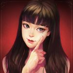  1girl black_eyes brown_hair fingernails liaa long_hair mole mole_under_eye parted_lips pointing realistic red_background solo tomie tomie_kawakami upper_body 