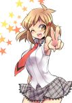  1girl :d armpits blush brown_eyes brown_hair kouji_(kari) necktie one_eye_closed open_mouth school_uniform senki_zesshou_symphogear short_hair skirt smile solo star tachibana_hibiki_(symphogear) v 