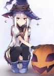 1girl facial_mark gloves halloween hat highres jack-o&#039;-lantern keid long_hair original pointy_ears red_eyes solo squatting thigh-highs white_hair witch_hat 