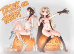  2girls bandages black_gloves blonde_hair boots braid breasts brown_hair budget_sarashi candle candy cape chain collarbone cosplay cuffs cup cupping_glass drinking_glass fang_out fingernails full_body gloves grey_background hair_flaps hair_ornament hair_ribbon hairclip halloween haru_(renol) highres jack-o&#039;-lantern kantai_collection long_fingernails long_hair looking_at_viewer manacles mismatched_footwear multiple_girls mummy_(cosplay) naked_cape navel outstretched_arm outstretched_hand profile pumpkin red_eyes remodel_(kantai_collection) ribbon sarashi sharp_fingernails shigure_(kantai_collection) simple_background single_braid single_glove sitting small_breasts smile trick_or_treat vampire wine_glass yuudachi_(kantai_collection) 