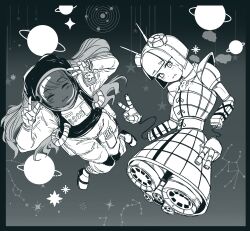  2girls absurdres antenna_hair blush closed_eyes constellation double_v engine gundam haniwa_(statue) haniyasushin_keiki helmet highres joutouguu_mayumi knees_together_feet_apart long_hair looking_at_viewer ma_(22mabo) mechanization mobile_suit_gundam monochrome multiple_girls robot robot_girl smile space space_helmet spacesuit touhou v zeong 