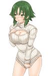  1girl atsuko blush breasts cleavage cleavage_cutout embarrassed green_eyes green_hair minami-ke mo-fu open-chest_sweater short_hair simple_background solo sweater white_background 