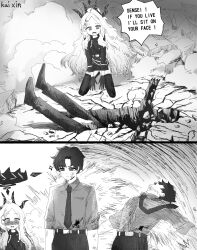  1boy 1girl absurdres black_footwear black_gloves black_hair black_jacket black_necktie black_pants black_skirt black_thighhighs blue_archive demon_girl demon_horns fluffy_hair forehead gloves grey_shirt greyscale highres hina_(blue_archive) horns if_we_win_i&#039;ll_sit_on_your_face_(meme) injury jacket kneeling long_hair looking_at_another meme monochrome necktie open_mouth pants scratches sensei_(blue_archive) sensei_(blue_archive_the_animation) shirt sidelocks skirt smile thigh-highs white_hair zheng_kai_xin 