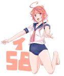  1girl ahoge i-58_(kantai_collection) kantai_collection navel ojipon pink_hair school_swimsuit school_uniform serafuku short_hair swimsuit swimsuit_under_clothes 