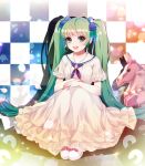  1girl checkered checkered_background dress eu_(euspia) green_eyes green_hair hatsune_miku long_hair looking_at_viewer open_mouth sitting solo twintails very_long_hair vocaloid 