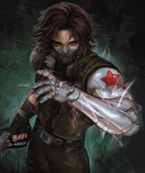  1boy arm_up belt belt_buckle black_belt black_gloves black_shirt blue_eyes brown_hair brown_pants brown_vest buckle candywormm captain_america:_the_winter_soldier captain_america_(series) commentary covered_mouth cowboy_shot electricity fingerless_gloves fur-trimmed_collar fur_trim gloves gun hashtag-only_commentary highres holding holding_gun holding_weapon james_buchanan_barnes looking_at_viewer male_focus marvel marvel_cinematic_universe marvel_rivals mask open_clothes open_vest pants parted_bangs prosthesis prosthetic_arm shirt shirt_tucked_in short_hair single_glove solo standing star_(symbol) star_symbol_background vest weapon white_fur winter_soldier 