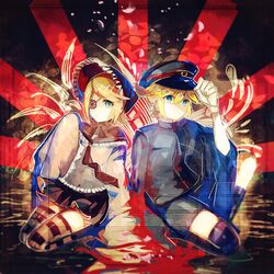  1boy 1girl absurdres aqua_eyes blonde_hair blood brother_and_sister eyepatch gloves hat highres jewelry kagamine_len kagamine_rin military military_hat military_uniform necklace school_uniform serafuku shirt shorts siblings sitting skirt sleeves_past_wrists striped striped_legwear thigh-highs uniform vima vocaloid white_gloves zettai_ryouiki 