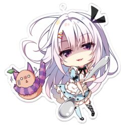  1girl :3 apron asymmetrical_legwear black_bow black_bowtie blue_dress blush bow bowtie checkered_thighhighs chibi commentary_request cowlick dress floating_hair frilled_apron frilled_dress frills full_body grey_hair hair_between_eyes hair_intakes hair_ornament hairclip holding holding_spoon indie_virtual_youtuber ishihara_mai_(vtuber) long_hair looking_at_viewer lowres maid maid_apron mismatched_legwear open_mouth puffy_short_sleeves puffy_sleeves shaded_face short_sleeves simple_background smile smug solo spoon transparent_background very_long_hair violet_eyes virtual_youtuber white_apron yuzuna_hiyo zettai_ryouiki 