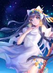 1girl black_hair blue_eyes chariot.f dress isis_(p&amp;d) long_hair night night_sky puzzle_&amp;_dragons sky solo staff star_(sky) starry_sky 