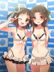 2girls :d ;d arm_grab arm_held_back bikini blush bow breasts brown_eyes brown_hair collarbone cowboy_shot double_bun hair_bow halterneck hand_on_another&#039;s_shoulder jintsuu_(kantai_collection) kantai_collection ko_ru_ri long_hair midriff multiple_girls naka_(kantai_collection) navel one_eye_closed open_mouth short_hair signature skirt smile sweatdrop swimsuit v 