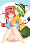  2girls biting blush ear_biting frills green_hair hairband hat komeiji_koishi komeiji_satori multiple_girls musical_note panties pantyshot pantyshot_(sitting) redhead short_hair sitting skirt smile striped striped_panties third_eye touhou trembling underwear x3_(jyouti) yuri 