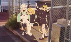  3girls ahoge antenna_hair apron arm_up asymmetrical_legwear black_bow black_bowtie black_coat black_footwear black_gloves black_hair black_jacket blonde_hair blue_bow blue_eyes blue_shirt blunt_bangs boots bow bowtie chain-link_fence closed_mouth coat crossed_bangs detached_collar detached_sleeves dokibird_(vtuber) dokibird_(vtuber)_(bounty_hunter) dooby_(vtuber) double_v dress english_commentary fang fence frilled_sleeves frills full_body gloves goggles gradient_hair green_dress green_hair green_sleeves hair_between_eyes hair_bow hair_ornament hand_up heterochromia high_school_girls_posing_for_google_street_view_(meme) highres indie_virtual_youtuber jacket jerboa_tail leg_up long_sleeves looking_at_viewer meme mint_fantome mismatched_legwear multicolored_hair multiple_girls open_mouth outdoors pants photo_background red_eyes shirt shoes short_eyebrows short_hair single_sock single_thighhigh skin_fang sleeves_past_elbows sleeves_past_fingers sleeves_past_wrists smile socks spurs standing standing_on_one_leg streaked_hair tactile_paving tail thigh-highs triangular_headpiece two_side_up v virtual_youtuber waist_apron white_apron white_gloves white_hair white_pants white_socks white_thighhighs x_hair_ornament yubbiidraw 