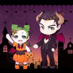  arm_up basket bat bat_wings black_hair braid brooch chibi child church cross demon_horns demon_tail double_bun earrings father_and_daughter formal green_eyes green_hair hair_ornament hair_tie horns jewelry jojo_no_kimyou_na_bouken kuujou_jolyne kuujou_joutarou multicolored_hair open_mouth pumpkin pumpkin_costume pumpkin_hair_ornament ribbon round_teeth silhouette silk smile spider_web tail teeth tombstone tsucchan two-tone_hair vest wings younger 