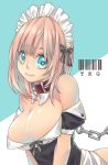  1girl arched_back barcode bdsm blue_eyes borrowed_character bow breasts chain cleavage closed_mouth collar eyelashes hair_bow heart heart-shaped_pupils highres looking_at_viewer maid maid_headdress off_shoulder original pink_hair puffy_short_sleeves puffy_sleeves revision roy_(pixiv992911) short_hair short_sleeves smile solo symbol-shaped_pupils takagi_(tansuke) text upper_body 