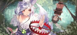  2girls :p angry animal_ear_fluff animal_ears bear_trap bound brown_hair carrot_necklace collarbone commentary_request dog_ears dog_girl dog_tail dress forest game_cg grey_hair inaba_tewi jewelry kuwashima_rein long_hair mitsugashira_enoko multicolored_hair multiple_girls nature necklace off-shoulder_shirt off_shoulder official_art open_mouth pendant pink_dress purple_hair rabbit_ears red_eyes shirt tail third-party_source tied_up_(nonsexual) tongue tongue_out touhou touhou_gensou_eclipse trapped two-tone_hair 