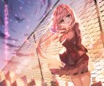  1girl aile_(crossroads) arms_behind_back backlighting blush building cityscape fence floating_hair green_eyes head_tilt long_hair long_sleeves looking_at_viewer megurine_luka necktie parted_lips pink_hair pleated_skirt red_necktie school_uniform skirt sky skyscraper solo standing star_(sky) starry_sky sunlight sunset translated vocaloid wind 