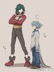  ... 2boys black_pants blue_hair blue_pants brothers brown_footwear closed_mouth cosplay costume_switch crossed_arms full_body green_hair grey_background grey_shirt jacket male_focus marufuji_ryo marufuji_sho moiko multiple_boys oversized_clothes pants red_footwear red_jacket shirt shoes siblings spoken_ellipsis yu-gi-oh! yu-gi-oh!_gx 