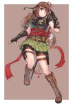  1girl armor bike_shorts boots breasts brown_eyes brown_hair fingerless_gloves gloves headband highres japanese_armor knee_boots kote kunai ninja obi original sash skirt solo thigh_strap tori@gununu weapon 