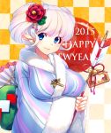  1girl 2015 animal_ears arrow blue_eyes breasts checkered checkered_background ema hair_ornament hamaya happy_new_year japanese_clothes kanzashi kimono looking_at_viewer motton new_year original sheep_ears short_hair short_twintails sleeves_past_wrists solo twintails white_hair wide_sleeves yellow_background 