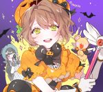  2girls :d brown_hair camcorder cardcaptor_sakura daidouji_tomoyo gloves halloween kero kinomoto_sakura looking_at_viewer multiple_girls open_mouth piyo_(ppotatto) smile teeth wand white_gloves yellow_eyes 