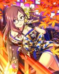  1girl alternate_hairstyle artist_request brown_hair fingerless_gloves flower glasses gloves hair_flower hair_ornament idolmaster idolmaster_cinderella_girls japanese_clothes kimono long_hair microphone nail_polish official_art violet_eyes yagami_makino 