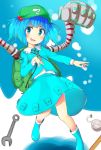  1girl backpack bag blue_eyes blue_hair blush boots extra_arms hair_ornament hair_ribbon hat kawashiro_nitori key kyuu-fairy000 long_sleeves looking_at_viewer mechanical_arm pocket ribbon rubber_boots ruler shirt short_twintails skirt skirt_set solo touhou twintails wrench 