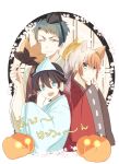  3boys animal_ears aqua_eyes black_hair blonde_hair blue_eyes blue_hair fan fox_ears halloween hat horikawa_kunihiro japanese_clothes male_focus multiple_boys open_mouth pumpkin red_eyes smile tokin_hat touken_ranbu triangular_headpiece ui_(majiwi) yamabushi_kunihiro yamanbagiri_kunihiro 