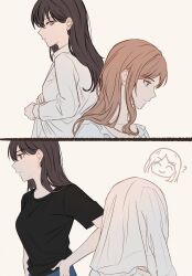  2girls bang_dream! bang_dream!_it's_mygo!!!!! black_hair black_shirt blue_eyes breasts brown_hair chinese_commentary closed_mouth commentary_request highres jewelry long_hair long_sleeves medium_breasts mole mole_under_eye multiple_girls nagasaki_soyo necklace shiina_taki shirt short_sleeves sidelocks violet_eyes white_shirt zih_ii 