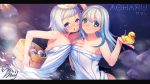  2girls blue_eyes blue_hair breast_suppress breasts bucket can collarbone dated dutch_angle highres holding letterboxed motton multicolored_hair multiple_girls naked_towel original rubber_duck signature silver_hair towel towel_on_head two-tone_hair water wet 