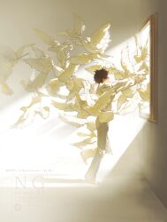  1boy bird brown_hair from_side grey_pants highres male_focus original outstretched_arms pants rido_(ridograph) shirt short_hair solo standing standing_on_one_leg white_shirt window 