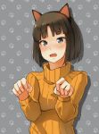  1girl animal_ears blue_eyes blush bob_cut brown_hair cat_ears fake_animal_ears fang hairband heart heart-shaped_pupils highres looking_at_viewer noccu open_mouth paw_pose ribbed_sweater shirobako short_hair solo sweater symbol-shaped_pupils turtleneck upper_body 