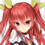  blush choker hair_ribbon hand_on_own_chest kyuri_(405966795) looking_at_viewer lying nose_blush on_back puffy_sleeves rakudai_kishi_no_cavalry red_eyes redhead ribbon stella_vermillion teardrop torn_clothes two_side_up wavy_mouth 