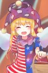  1girl american_flag_shirt ba9ked blonde_hair blush closed_eyes clownpiece commentary_request fairy_wings halloween happy hat jester_cap long_hair looking_at_viewer open_mouth short_sleeves smile solo touhou trick_or_treat upper_body wings 