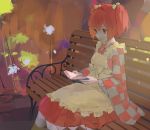  1girl apron bangs bell bench book bow closed_mouth commentary_request dress hair_bell hair_between_eyes hair_bow hair_ornament highres long_sleeves motoori_kosuzu open_book orange_dress orange_hair park_bench pikumin reading red_eyes short_hair short_twintails sitting smile solo touhou twintails wide_sleeves yellow_apron 